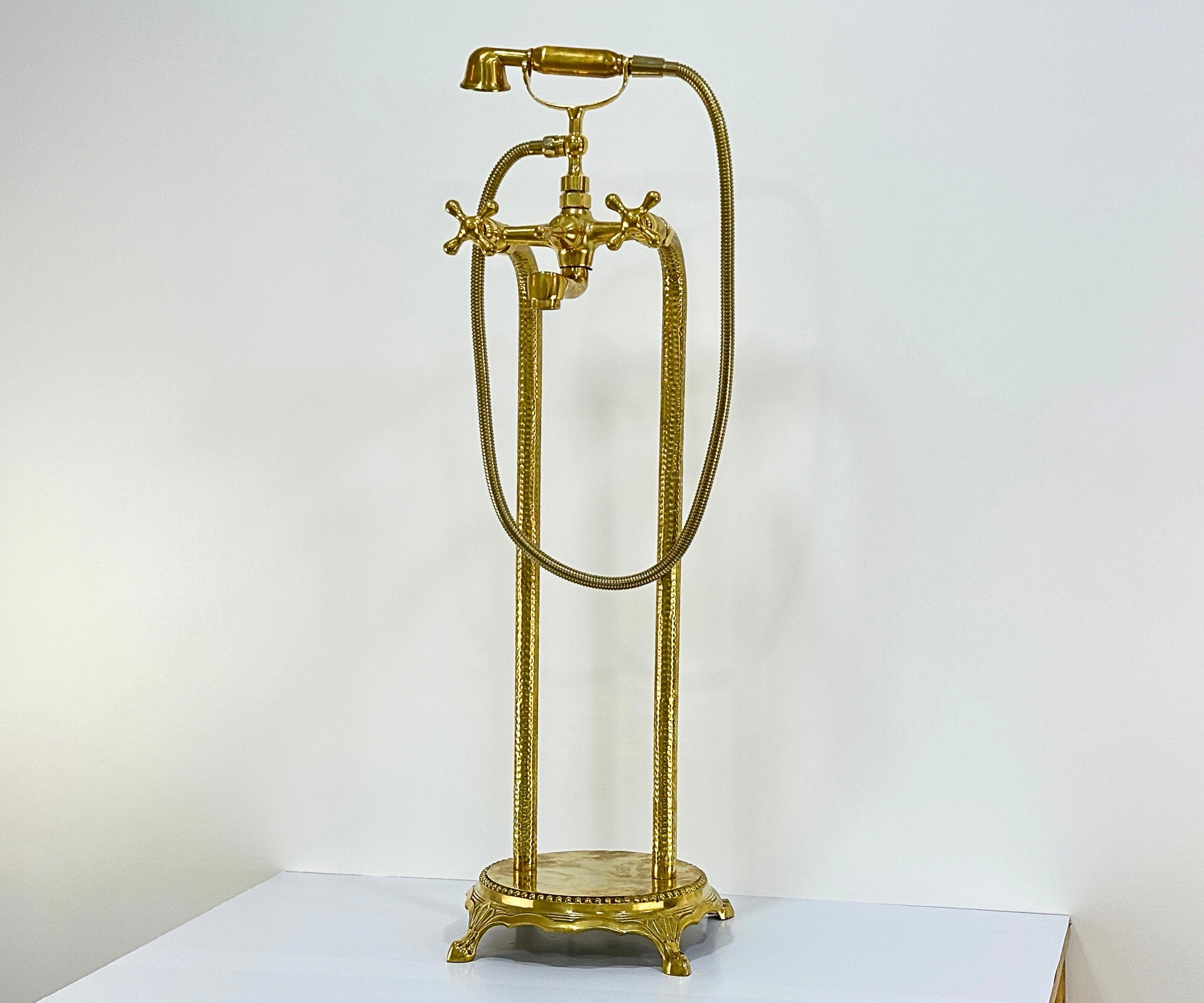Unlacquered Brass Freestanding Tub Filler with Handheld Shower – Solid Brass Floor Mount Faucet