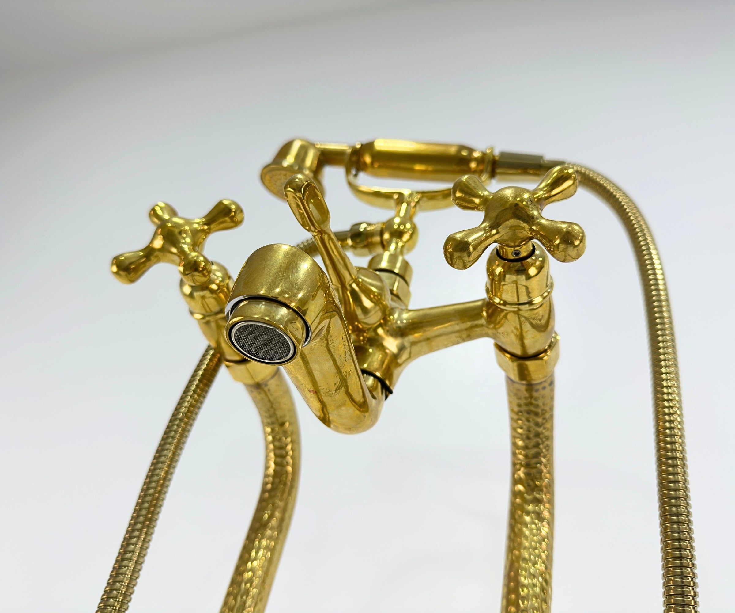 Unlacquered Brass Freestanding Tub Filler with Handheld Shower – Solid Brass Floor Mount Faucet