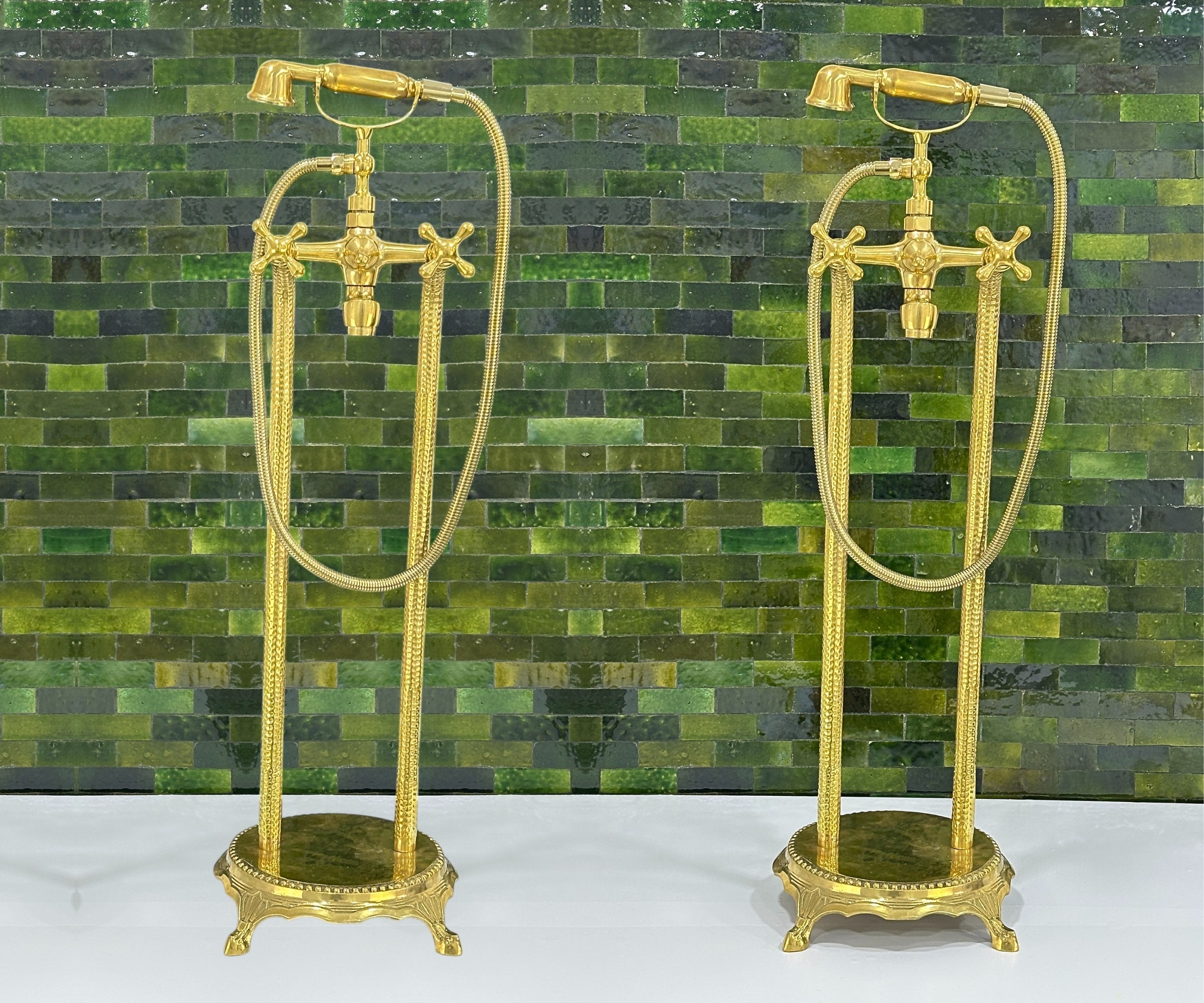 Unlacquered Brass Freestanding Tub Filler with Handheld Shower – Solid Brass Floor Mount Faucet