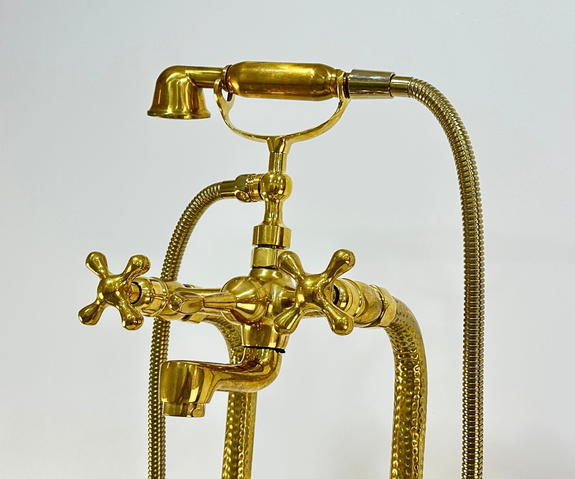 Unlacquered Brass Freestanding Tub Filler with Handheld Shower – Solid Brass Floor Mount Faucet