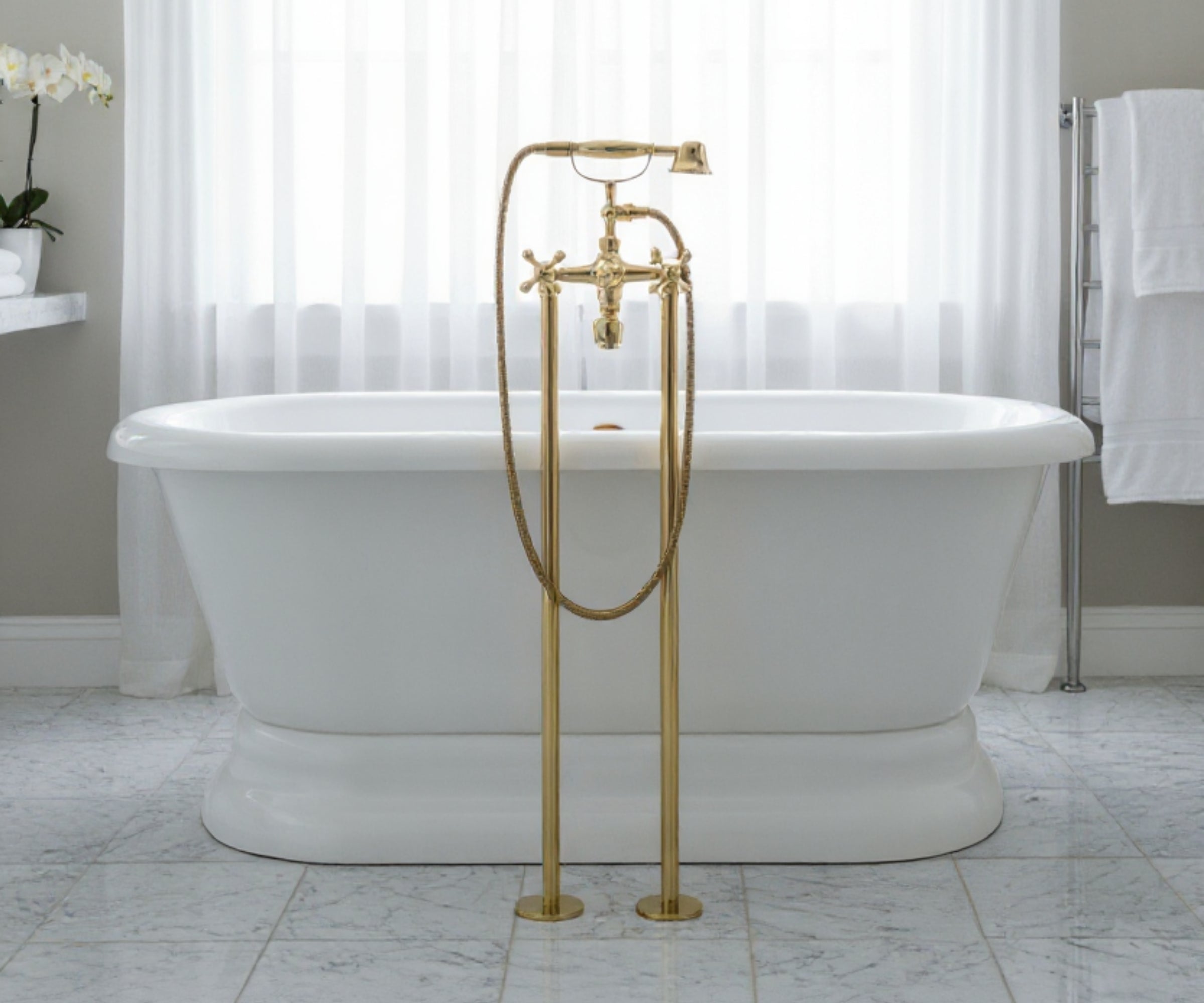 Unlacquered Brass Freestanding Tub Filler with Hand Shower – Solid Floor Mount Bathtub Faucet