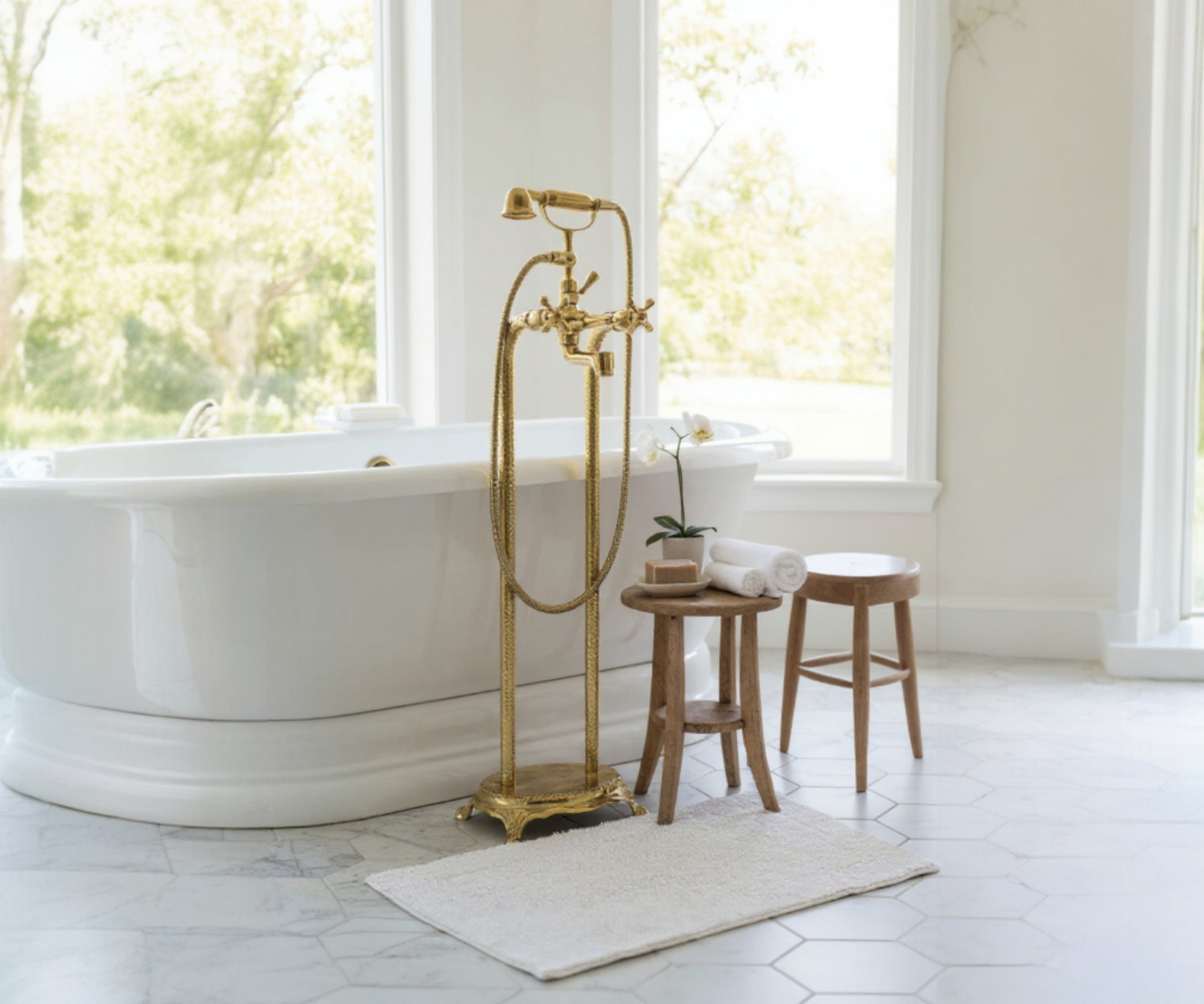 Unlacquered Brass Freestanding Tub Filler with Hand Shower – Solid Floor Mount Bathtub Faucet