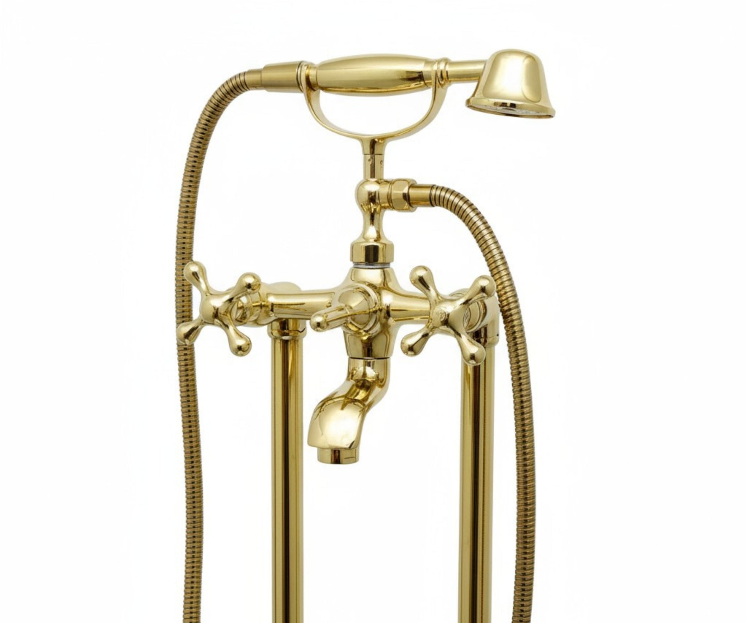 Unlacquered Brass Freestanding Tub Filler with Hand Shower – Solid Floor Mount Bathtub Faucet