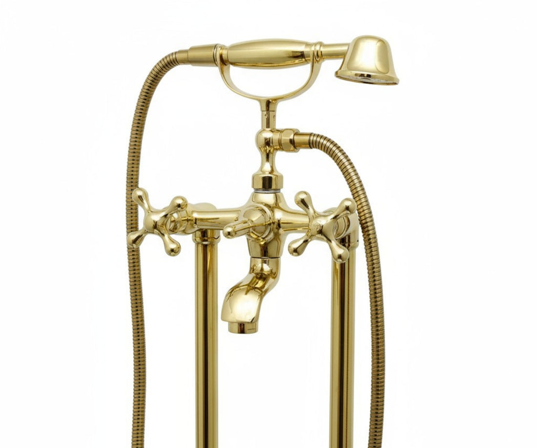 Unlacquered Brass Freestanding Tub Filler with Hand Shower – Solid Floor Mount Bathtub Faucet