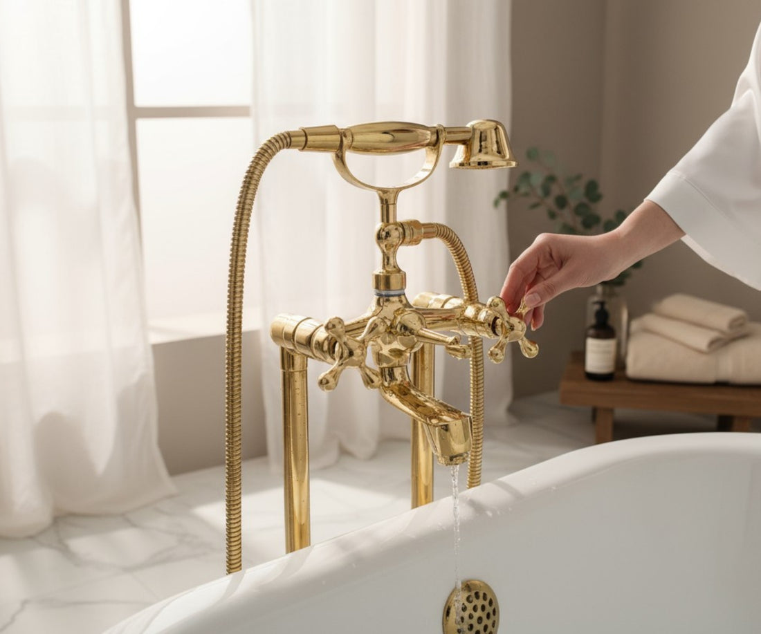 Unlacquered Brass Freestanding Tub Filler with Hand Shower – Solid Floor Mount Bathtub Faucet