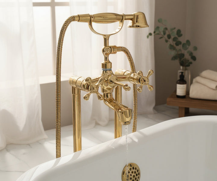 Unlacquered Brass Freestanding Tub Filler with Hand Shower – Solid Floor Mount Bathtub Faucet