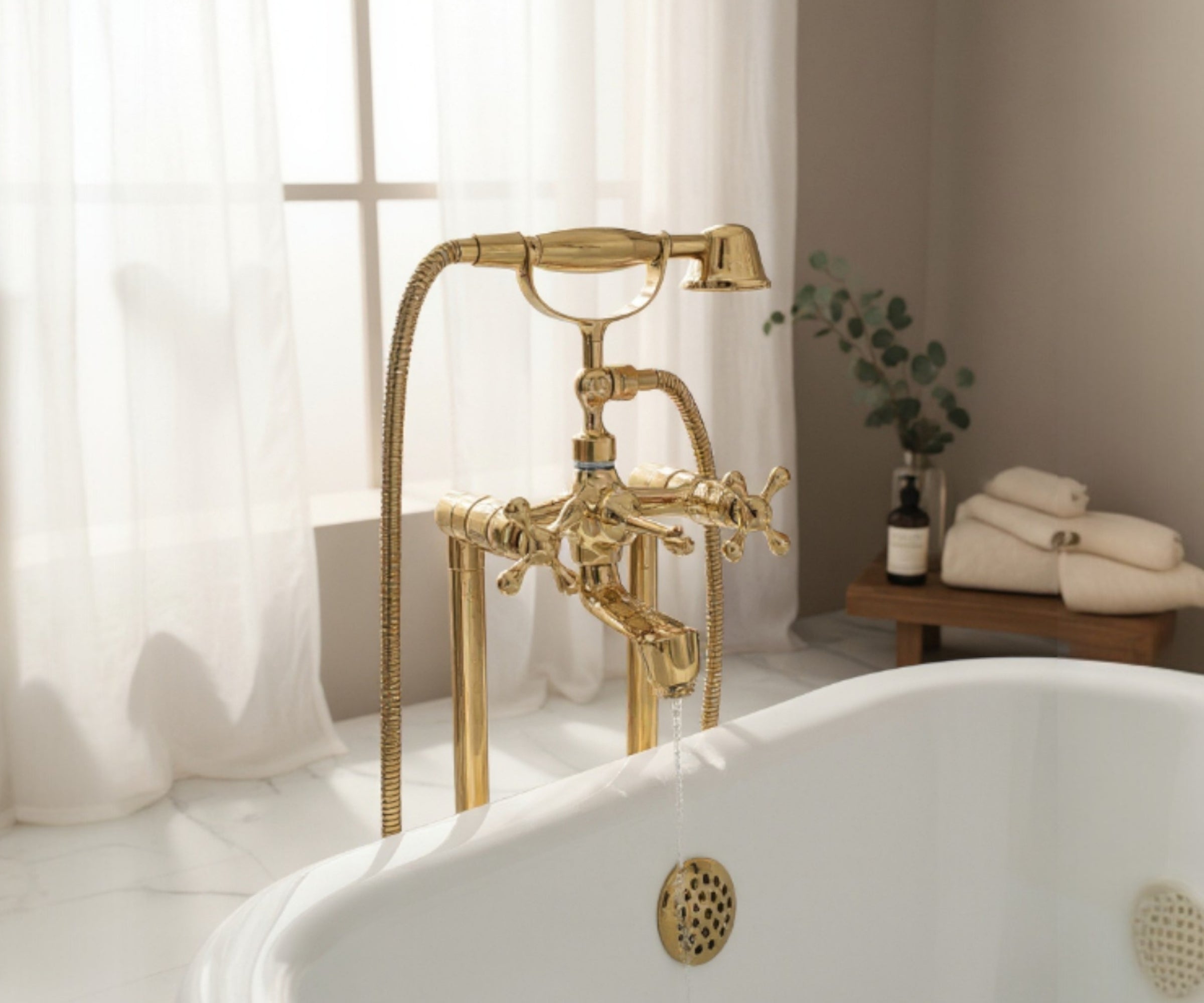 Unlacquered Brass Freestanding Tub Filler with Hand Shower – Solid Floor Mount Bathtub Faucet