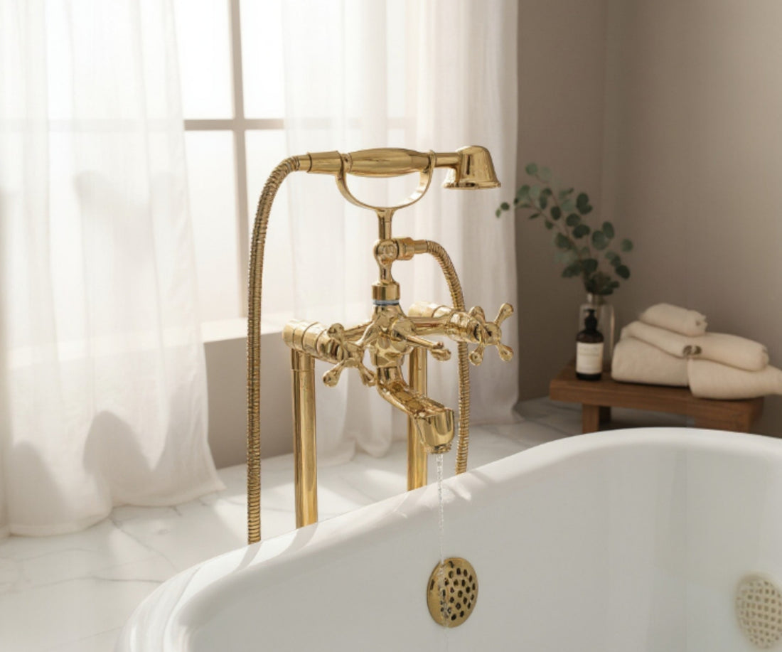 Unlacquered Brass Freestanding Tub Filler with Hand Shower – Solid Floor Mount Bathtub Faucet