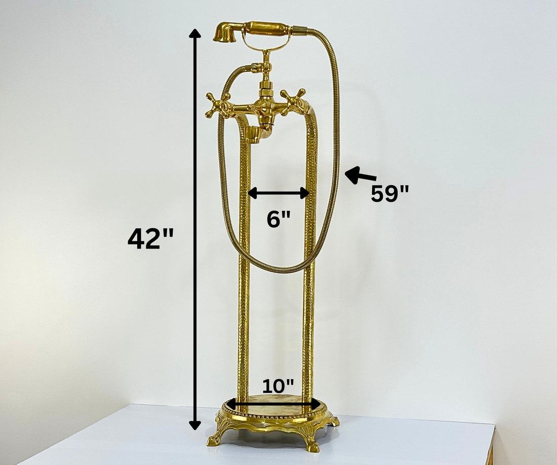 Unlacquered Brass Freestanding Tub Filler with Hand Shower – Solid Floor Mount Bathtub Faucet