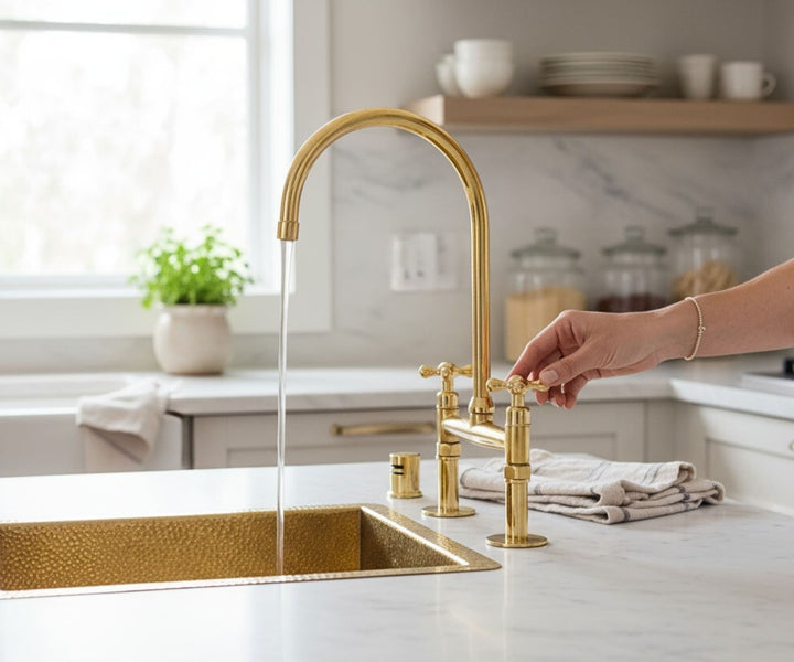 Artisan Unlacquered Brass Bridge Faucet with Sprayer & Cold Water Tap – LuxeBrass
