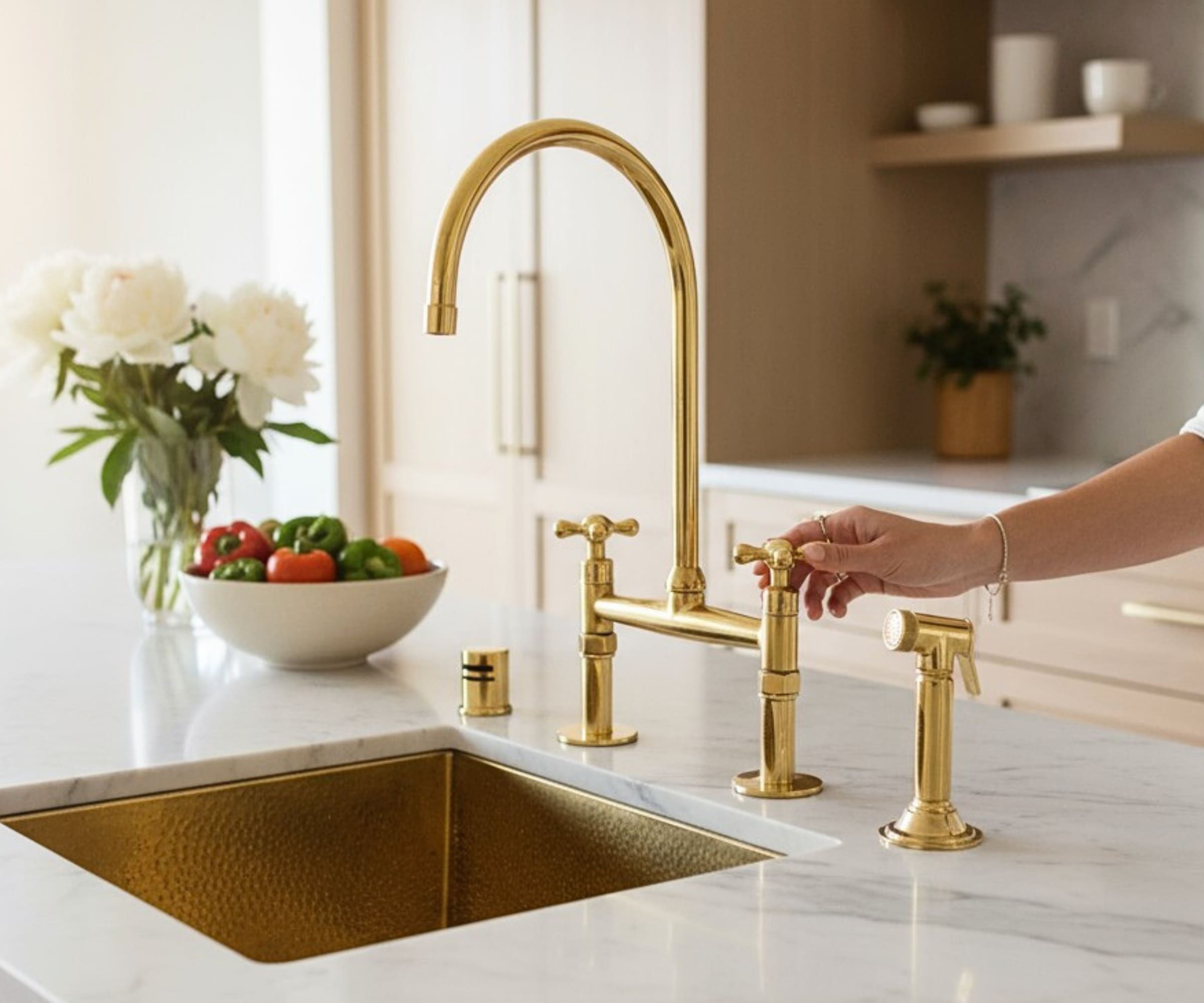 Unlacquered Brass Kitchen Faucet with Sprayer – Handmade Farmhouse Bridge Sink Faucet