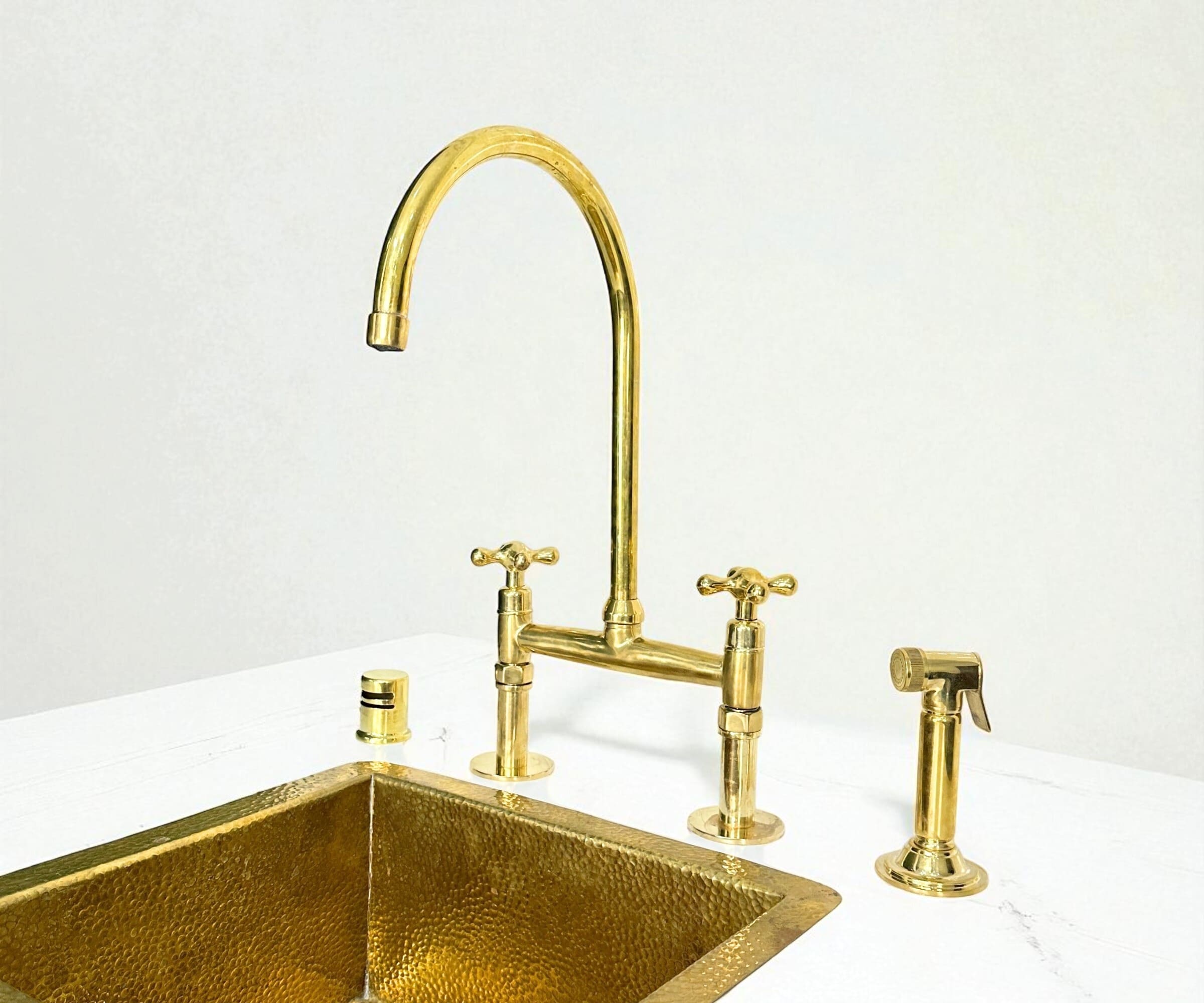 Unlacquered Brass Kitchen Faucet with Sprayer – Handmade Farmhouse Bridge Sink Faucet