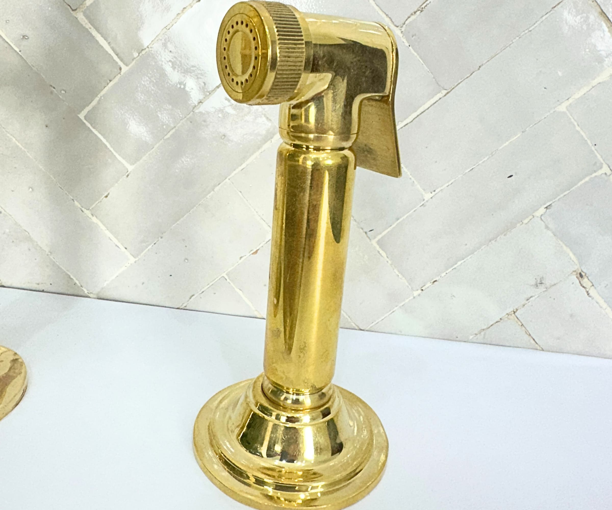 Unlacquered Brass Kitchen Faucet with Sprayer – Handmade Farmhouse Bridge Sink Faucet