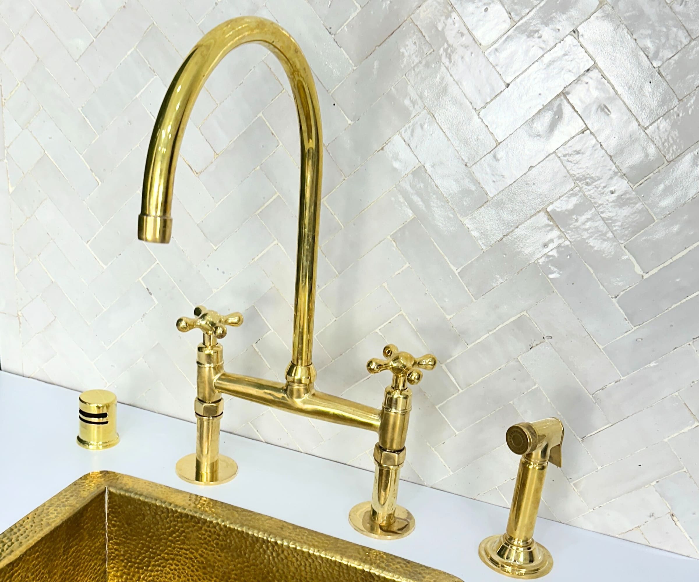 Unlacquered Brass Kitchen Faucet with Sprayer – Handmade Farmhouse Bridge Sink Faucet