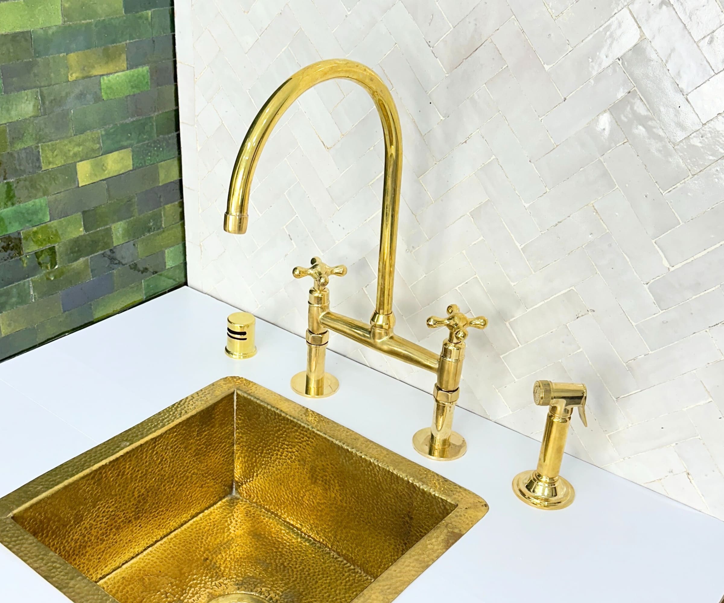 Unlacquered Brass Kitchen Faucet with Sprayer – Handmade Farmhouse Bridge Sink Faucet