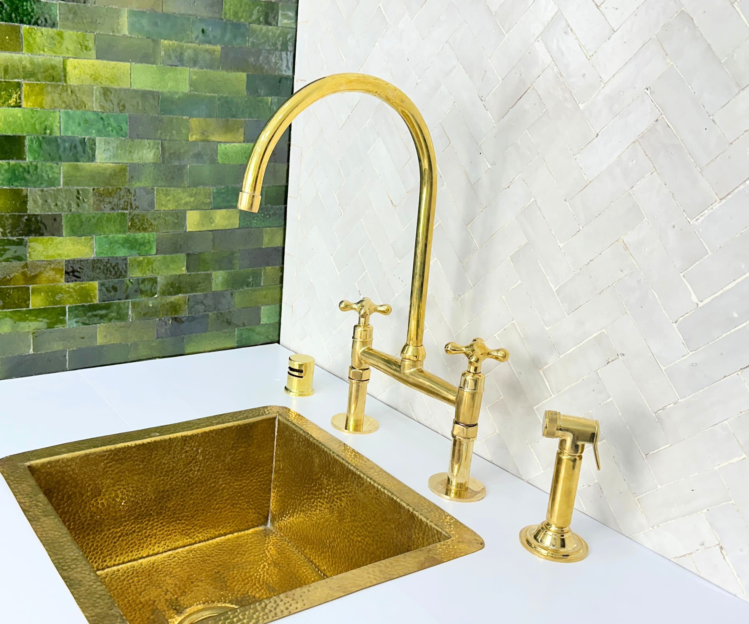 Unlacquered Brass Kitchen Faucet with Sprayer – Handmade Farmhouse Bridge Sink Faucet