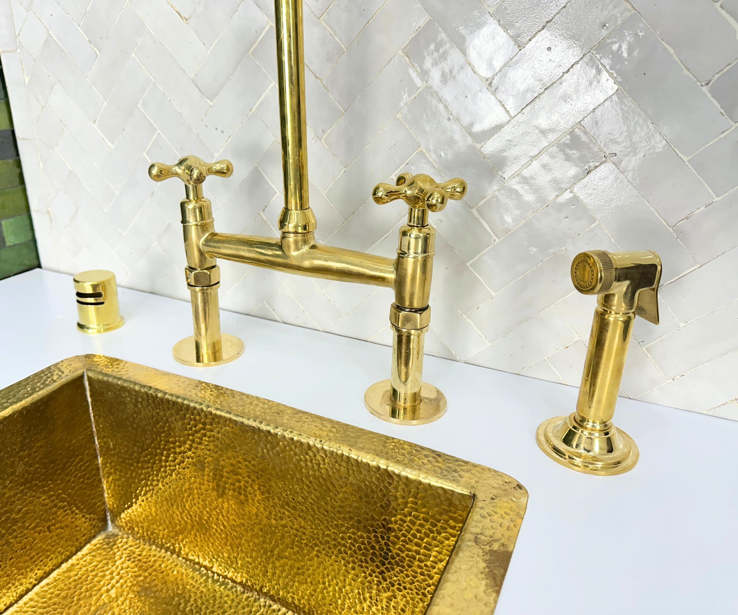 Unlacquered Brass Kitchen Faucet with Sprayer – Handmade Farmhouse Bridge Sink Faucet