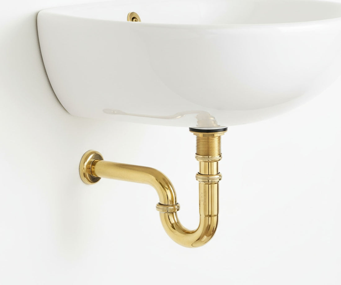 unlacquered brass p trap kit under bathroom sink
