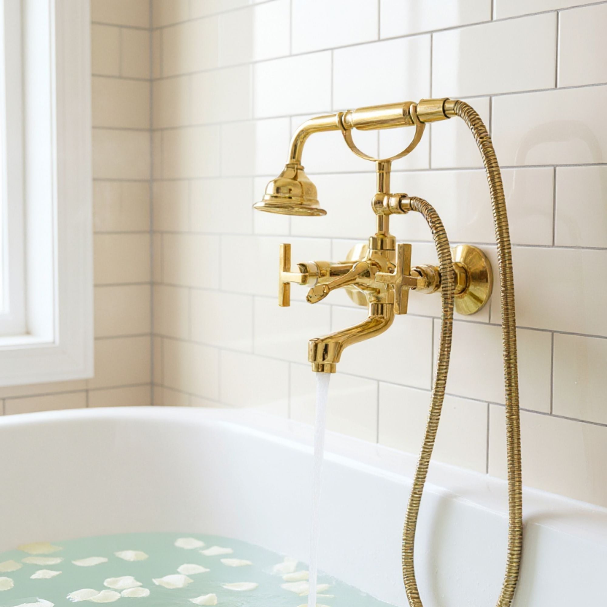 Unlacquered Brass Wall Mount Tub Filler with Telephone Hand Shower – Vintage Solid Brass Bathtub Faucet