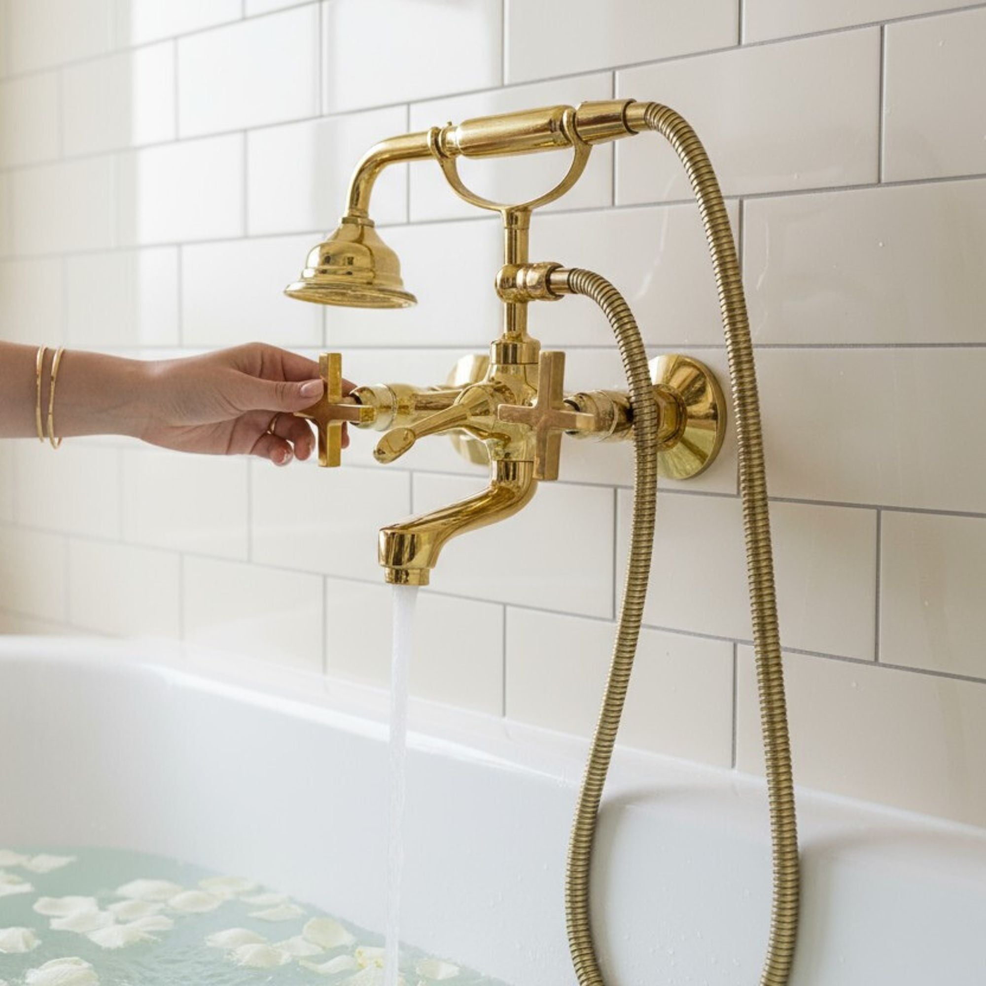 Unlacquered Brass Wall Mount Tub Filler with Telephone Hand Shower – Vintage Solid Brass Bathtub Faucet