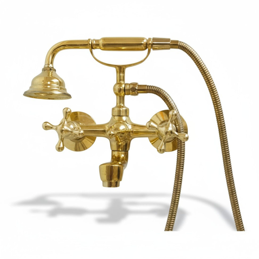 Unlacquered Brass Wall Mount Tub Filler with Telephone Hand Shower – Vintage Solid Brass Bathtub Faucet