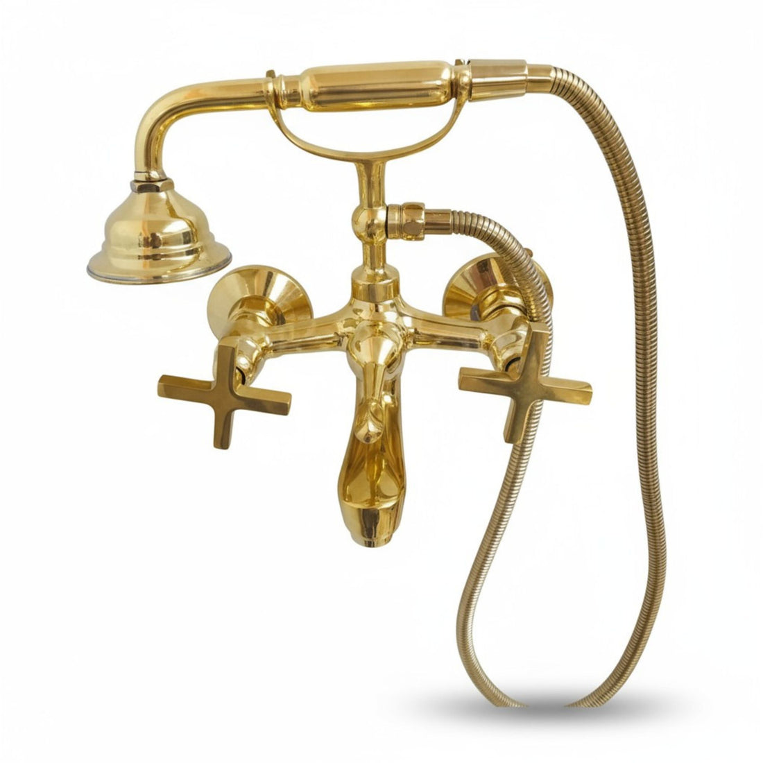 Unlacquered Brass Wall Mount Tub Filler with Telephone Hand Shower – Vintage Solid Brass Bathtub Faucet