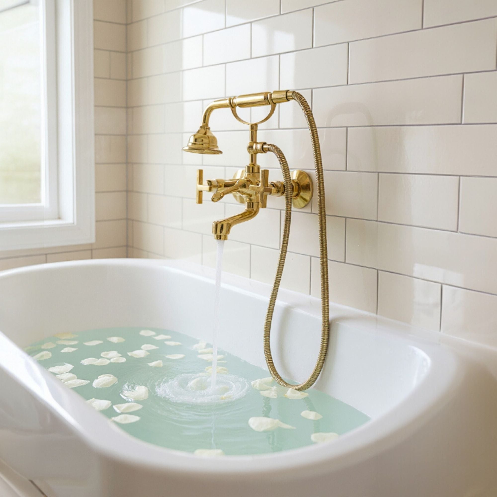 Unlacquered Brass Wall Mount Tub Filler with Telephone Hand Shower – Vintage Solid Brass Bathtub Faucet