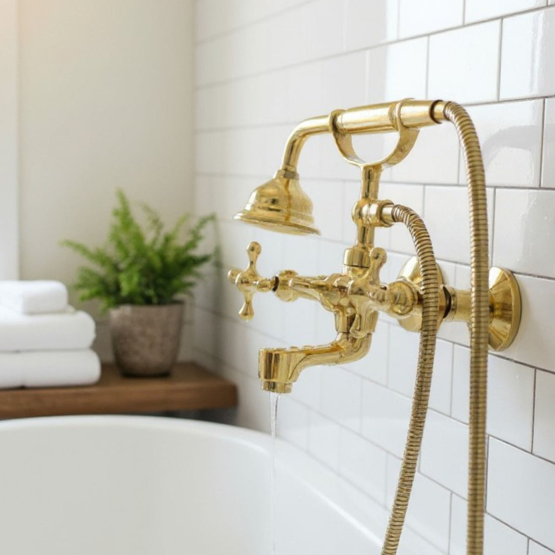 Unlacquered Brass Wall Mount Tub Filler with Telephone Hand Shower – Vintage Solid Brass Bathtub Faucet