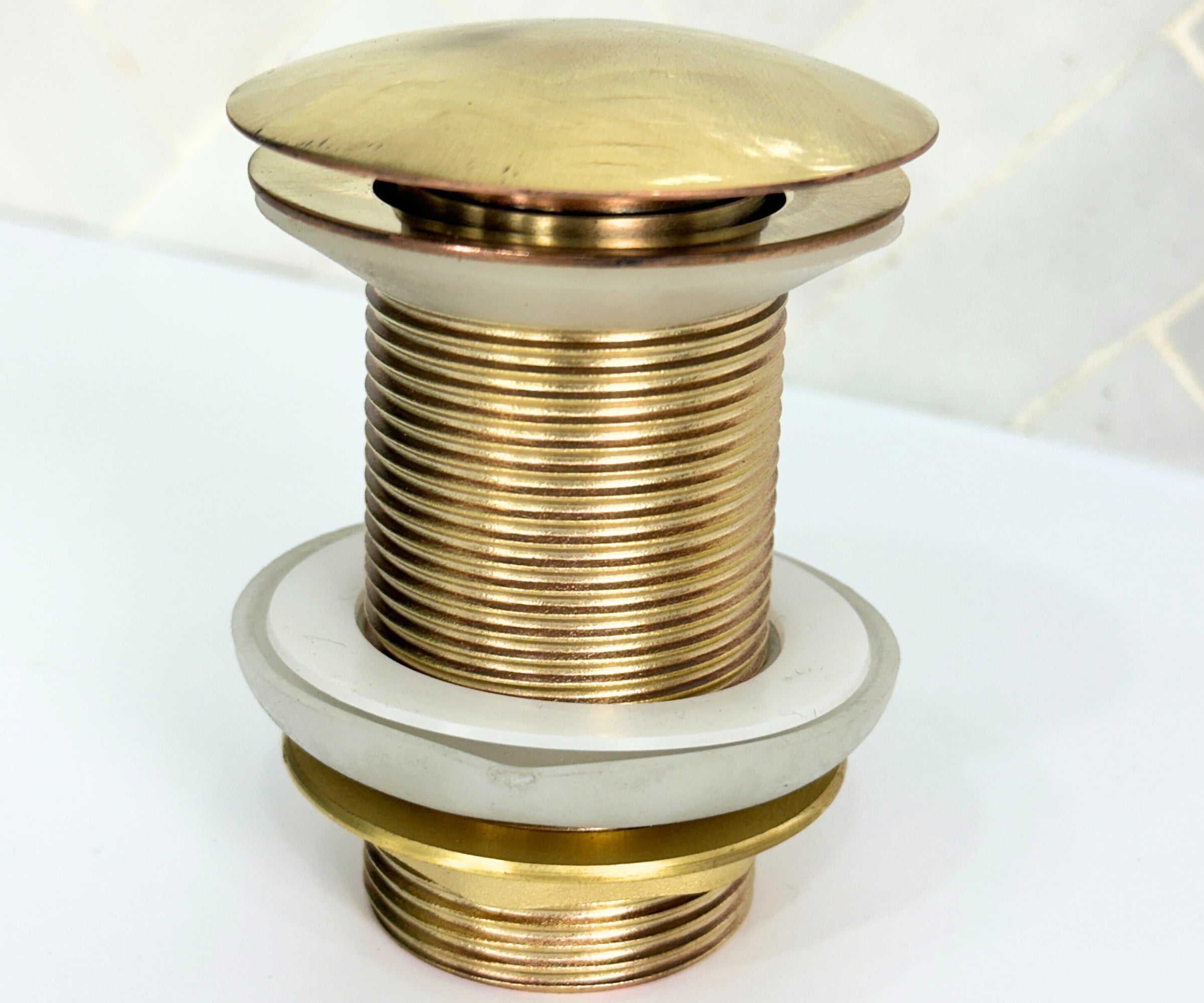 Unlacquered Solid Brass Pop-Up Drain – Handmade Push Button Sink Drain