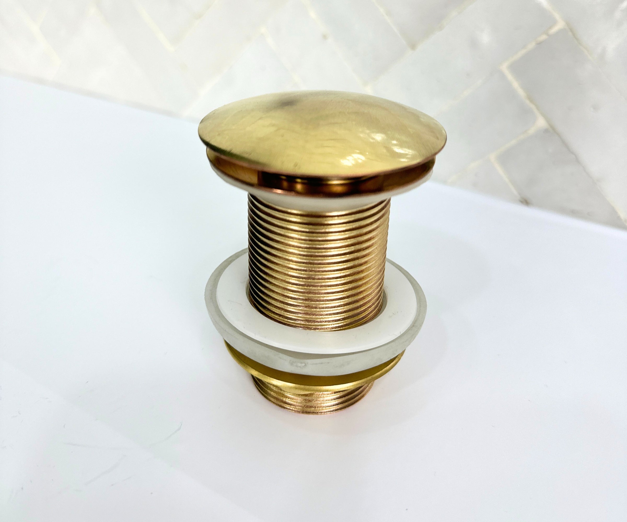 Unlacquered Solid Brass Pop-Up Drain – Handmade Push Button Sink Drain