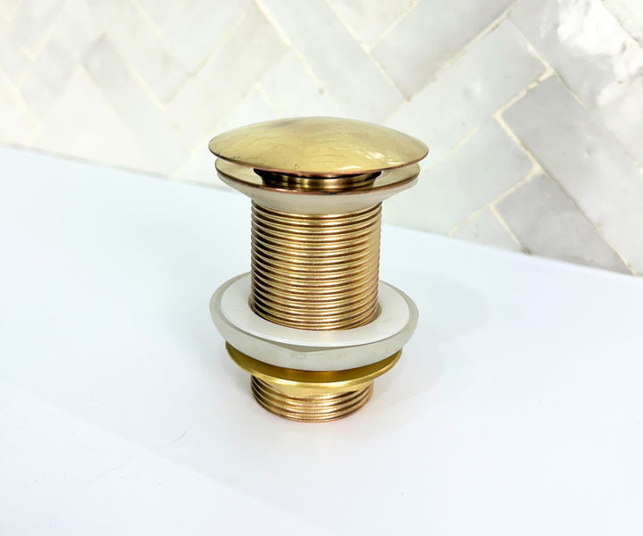 Unlacquered Solid Brass Pop-Up Drain – Handmade Push Button Sink Drain