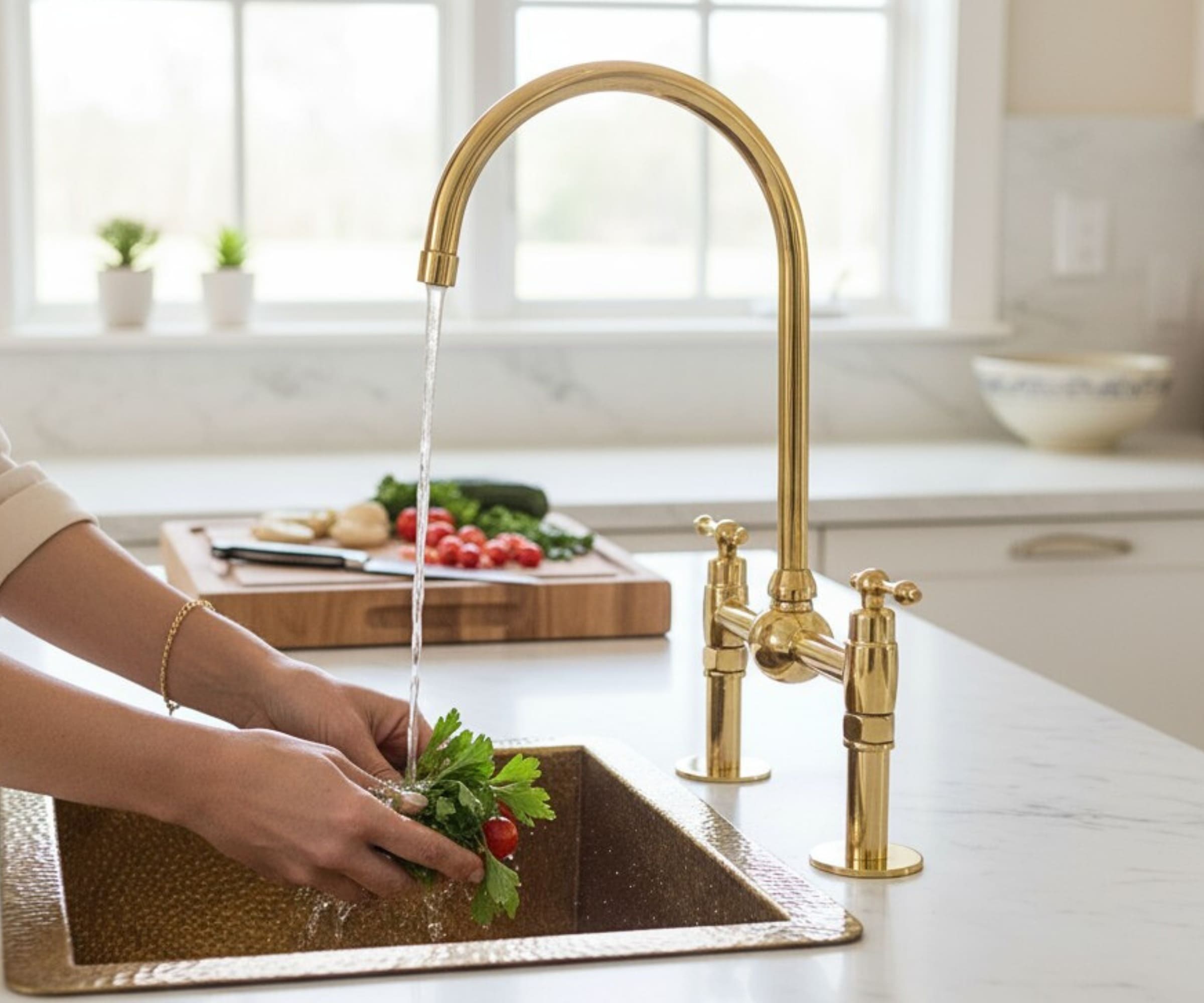 Unlacquered Brass Kitchen Faucet – Solid Brass 8" Bridge Faucet with Cross Handles