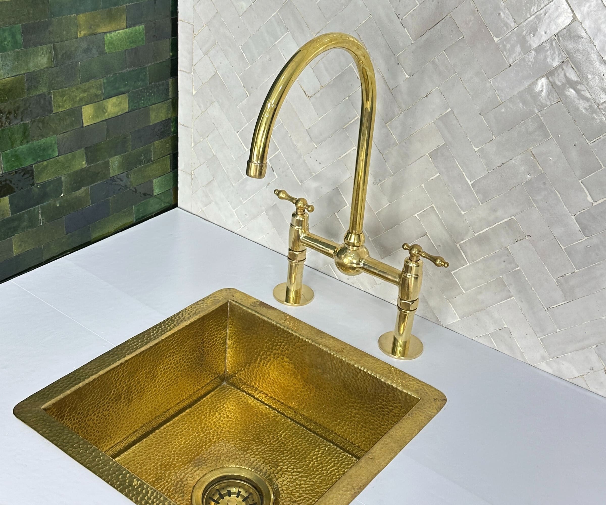 Unlacquered Brass Kitchen Faucet – Solid Brass 8" Bridge Faucet with Cross Handles