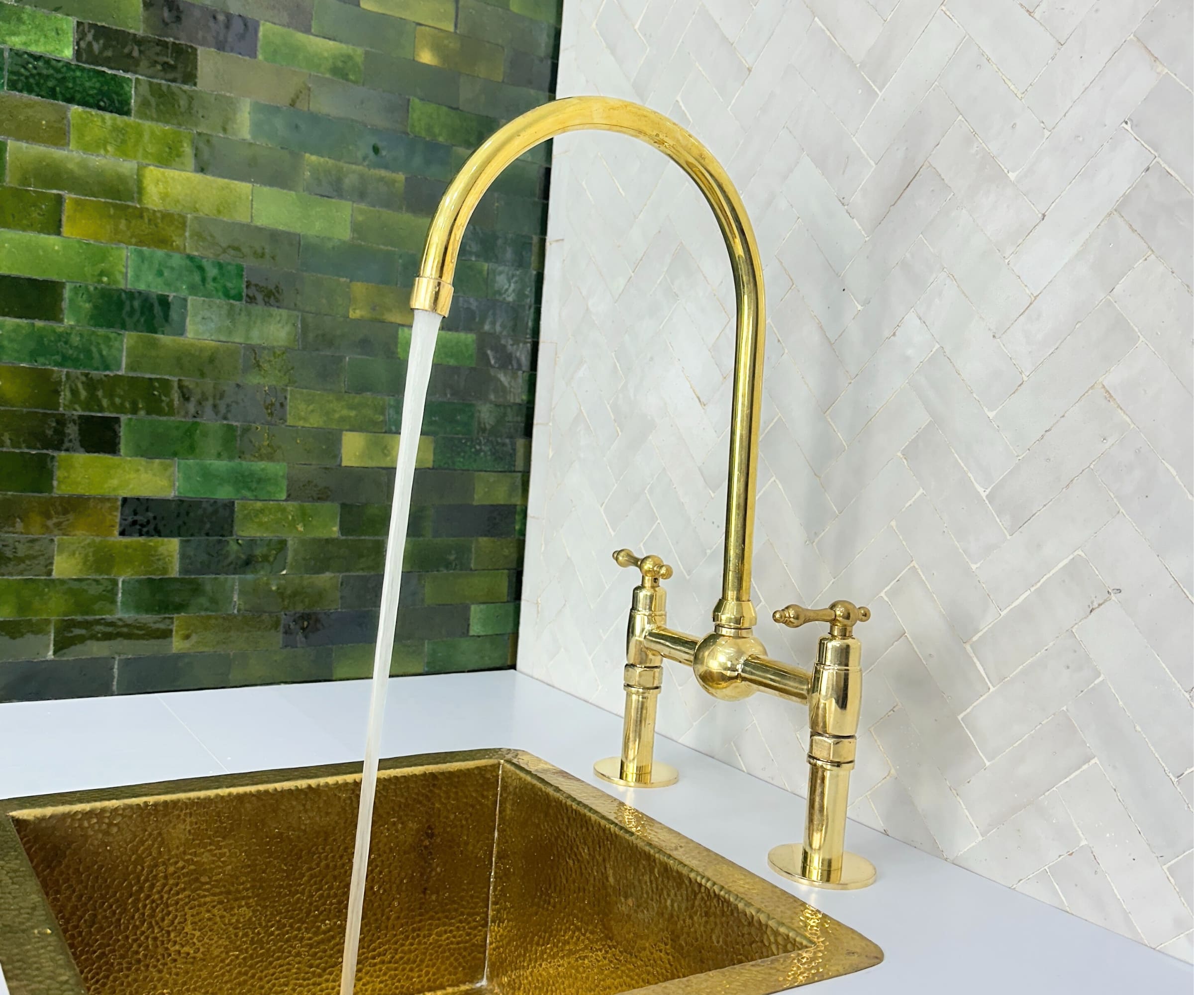 Unlacquered Brass Kitchen Faucet – Solid Brass 8" Bridge Faucet with Cross Handles