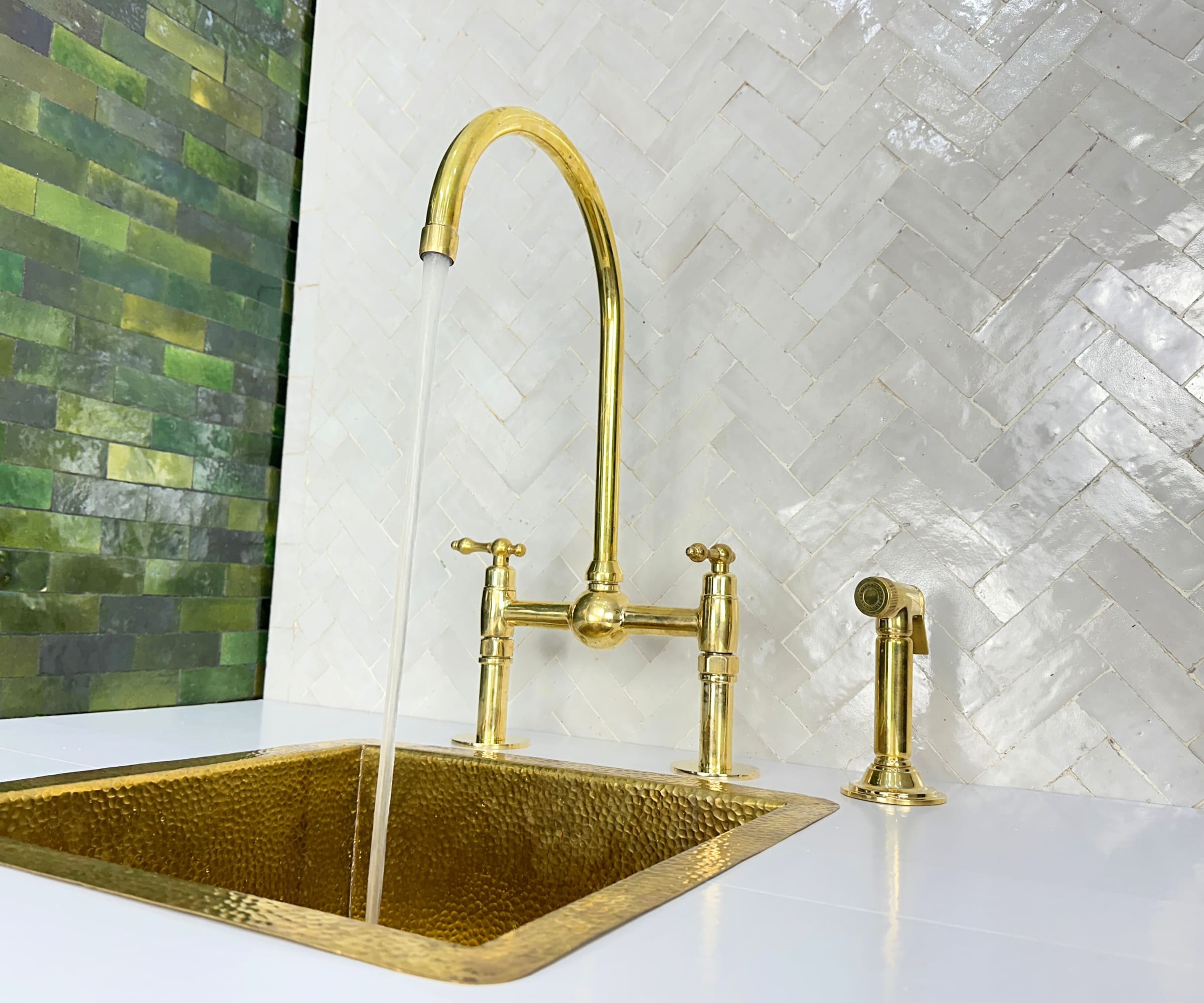 Unlacquered Brass Bridge Faucet Set with Sprayer & Cold Water Tap – Handmade Solid Brass