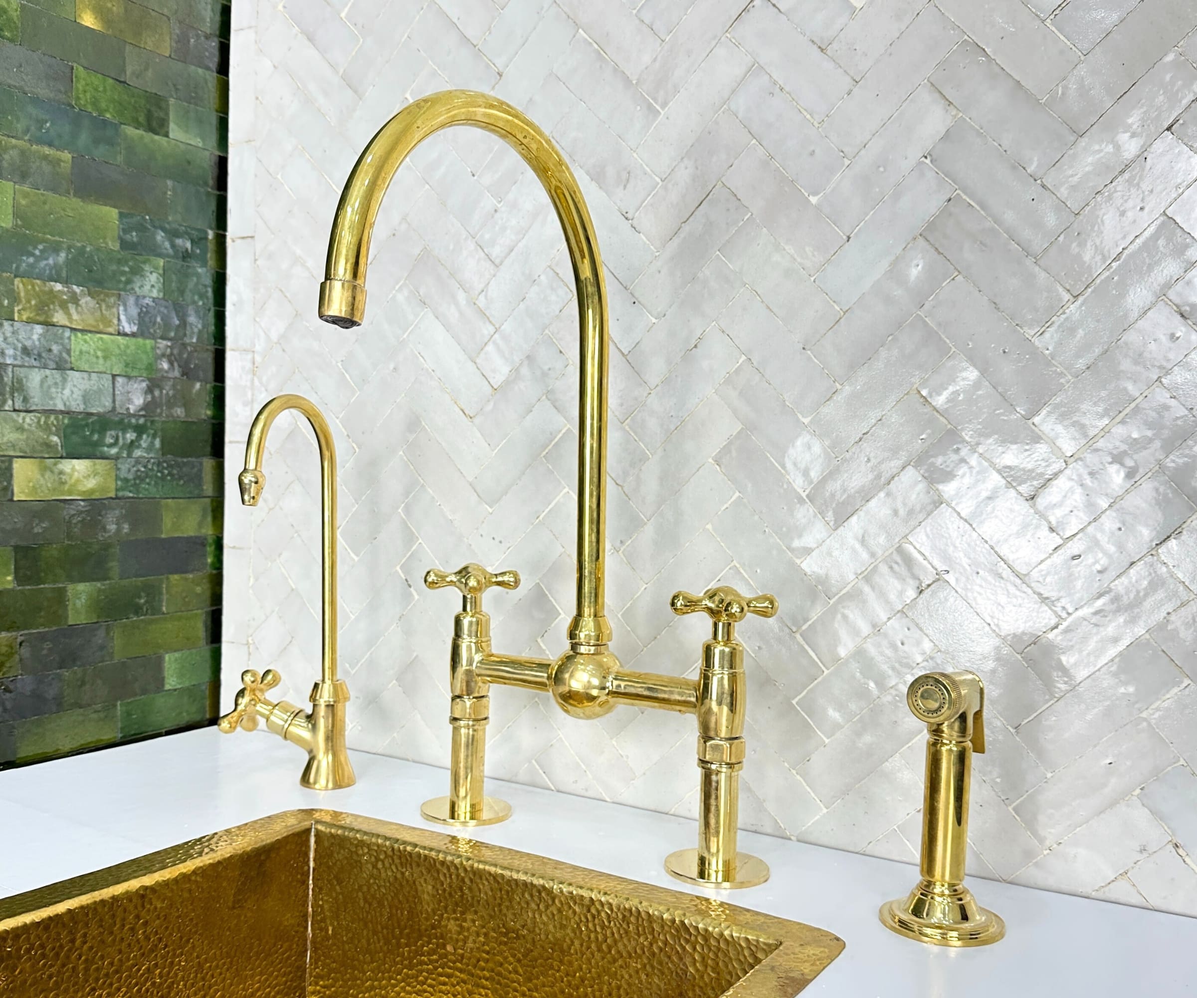 Unlacquered Brass Bridge Faucet Set with Sprayer & Cold Water Tap – Handmade Solid Brass