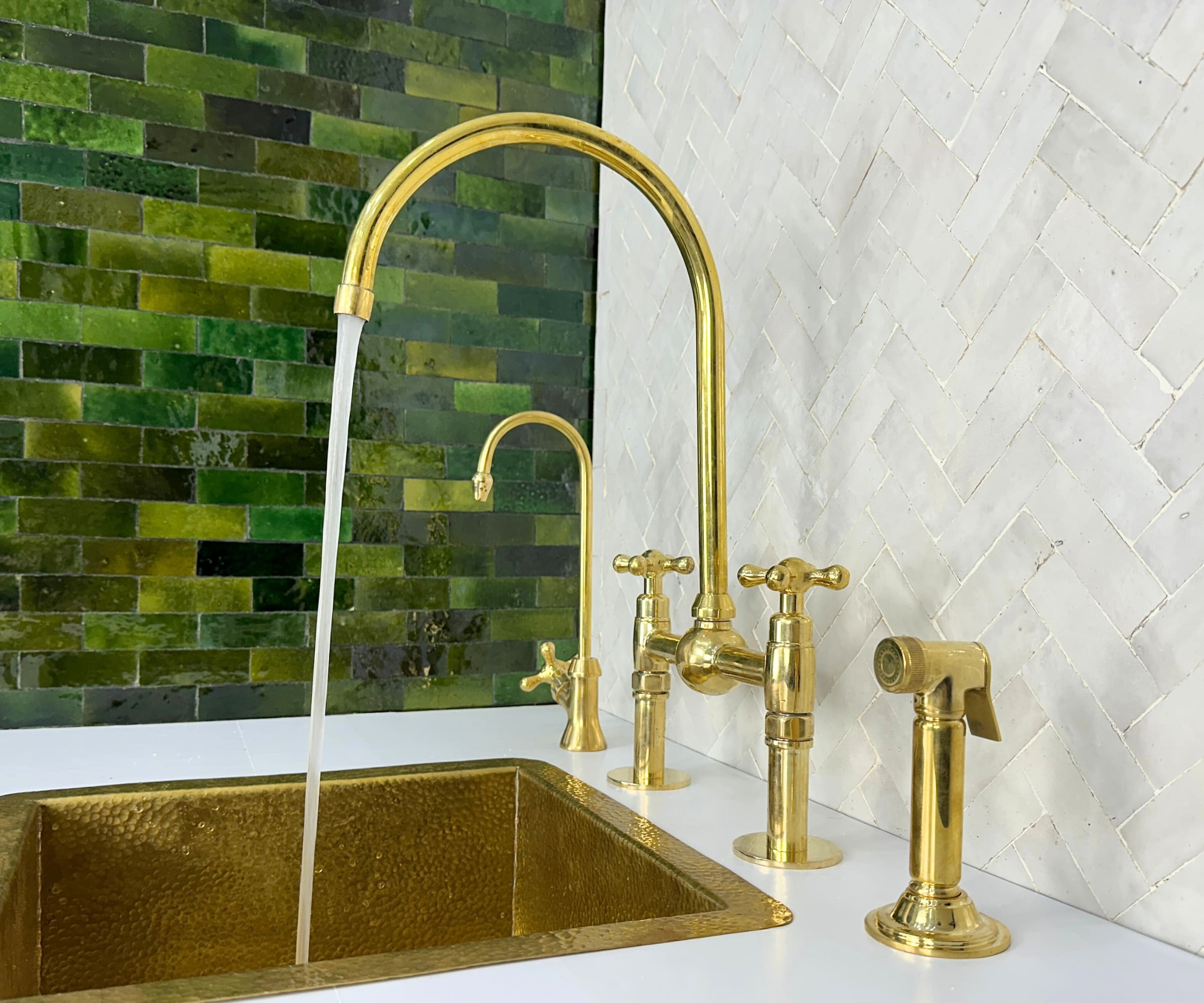 Unlacquered Brass Bridge Faucet Set with Sprayer & Cold Water Tap – Handmade Solid Brass