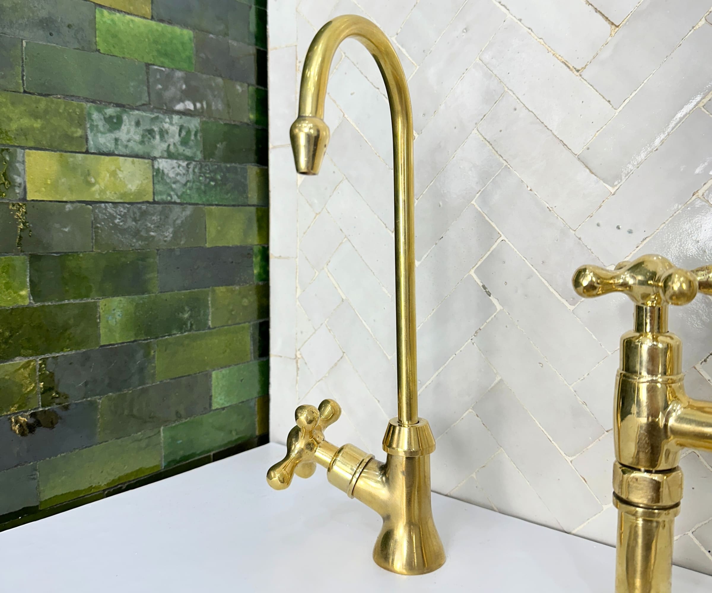 Unlacquered Brass Bridge Faucet Set with Sprayer & Cold Water Tap – Handmade Solid Brass