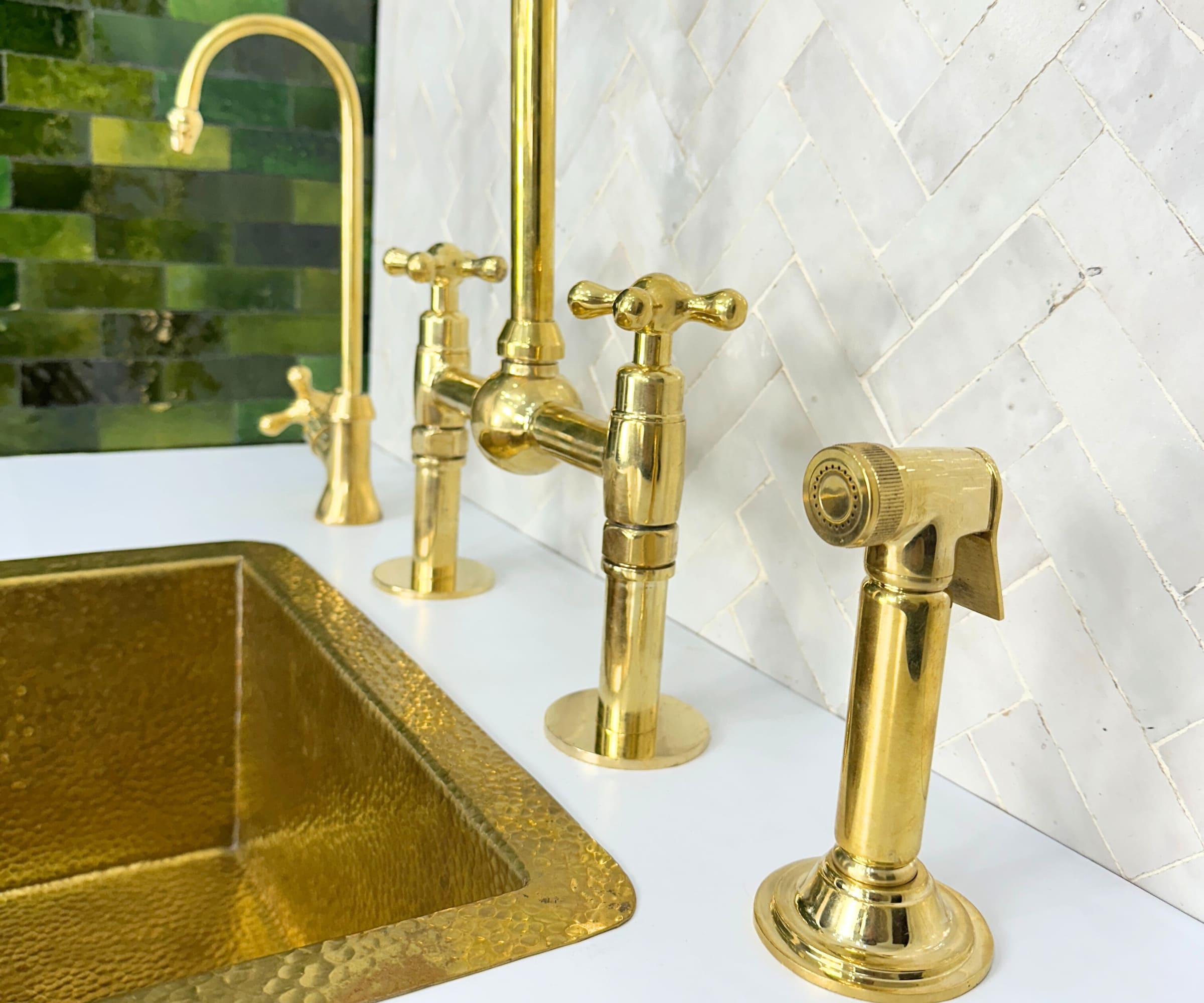Unlacquered Brass Bridge Faucet Set with Sprayer & Cold Water Tap – Handmade Solid Brass