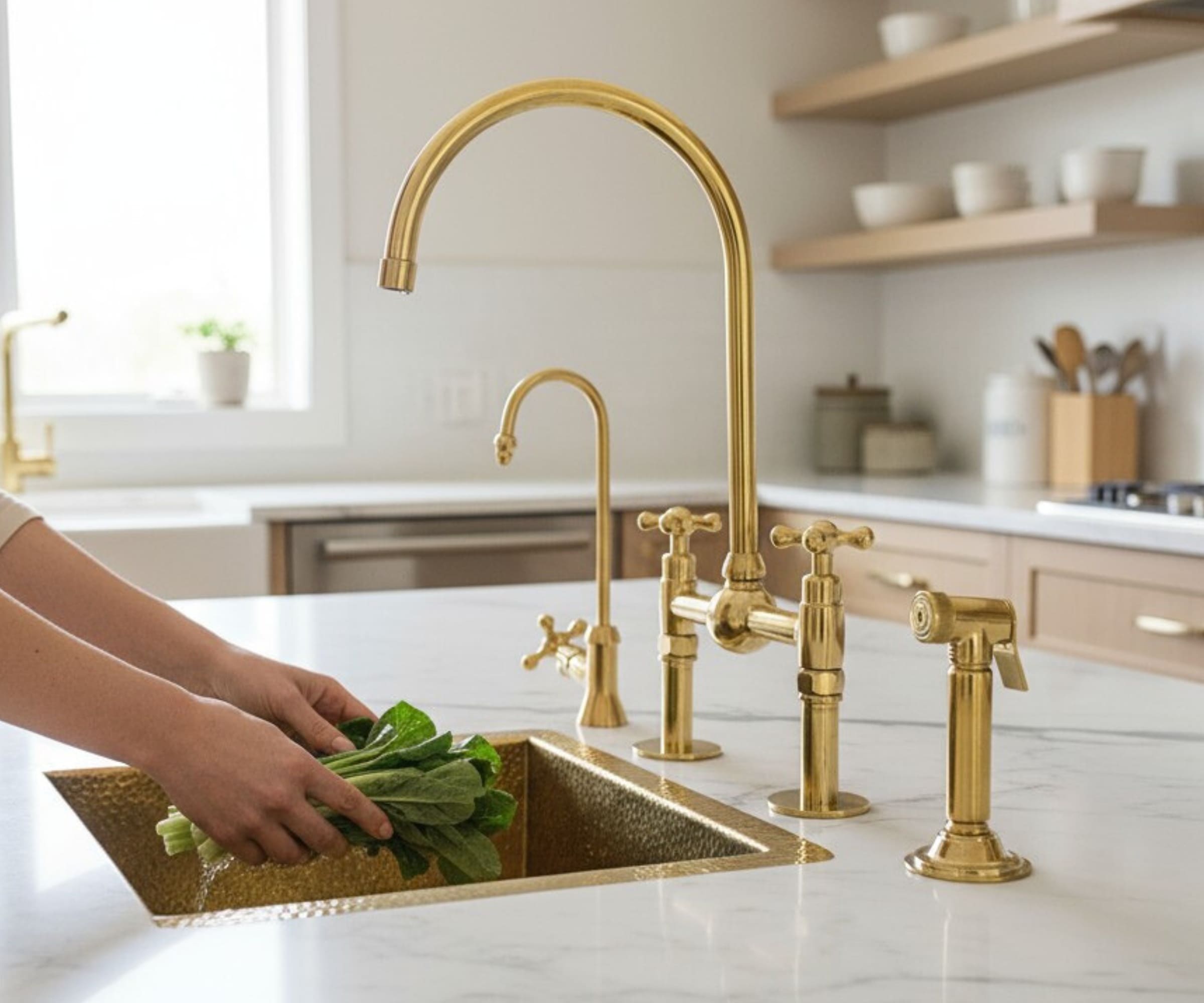 Unlacquered Brass Bridge Faucet Set with Sprayer & Cold Water Tap – Handmade Solid Brass