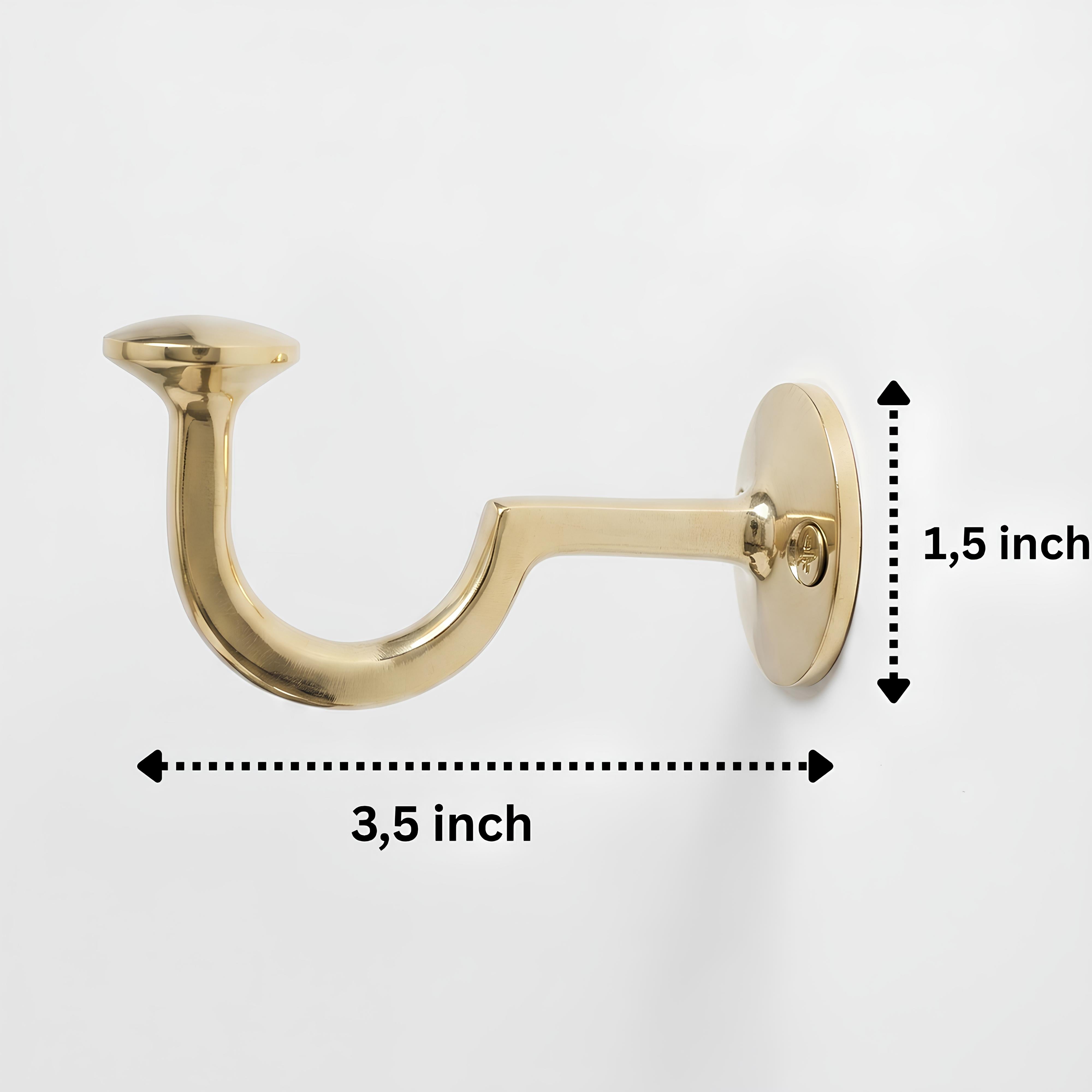 Brass wall hook with J-shaped design showing 3.5 inch projection and 1.5 inch mounting plate