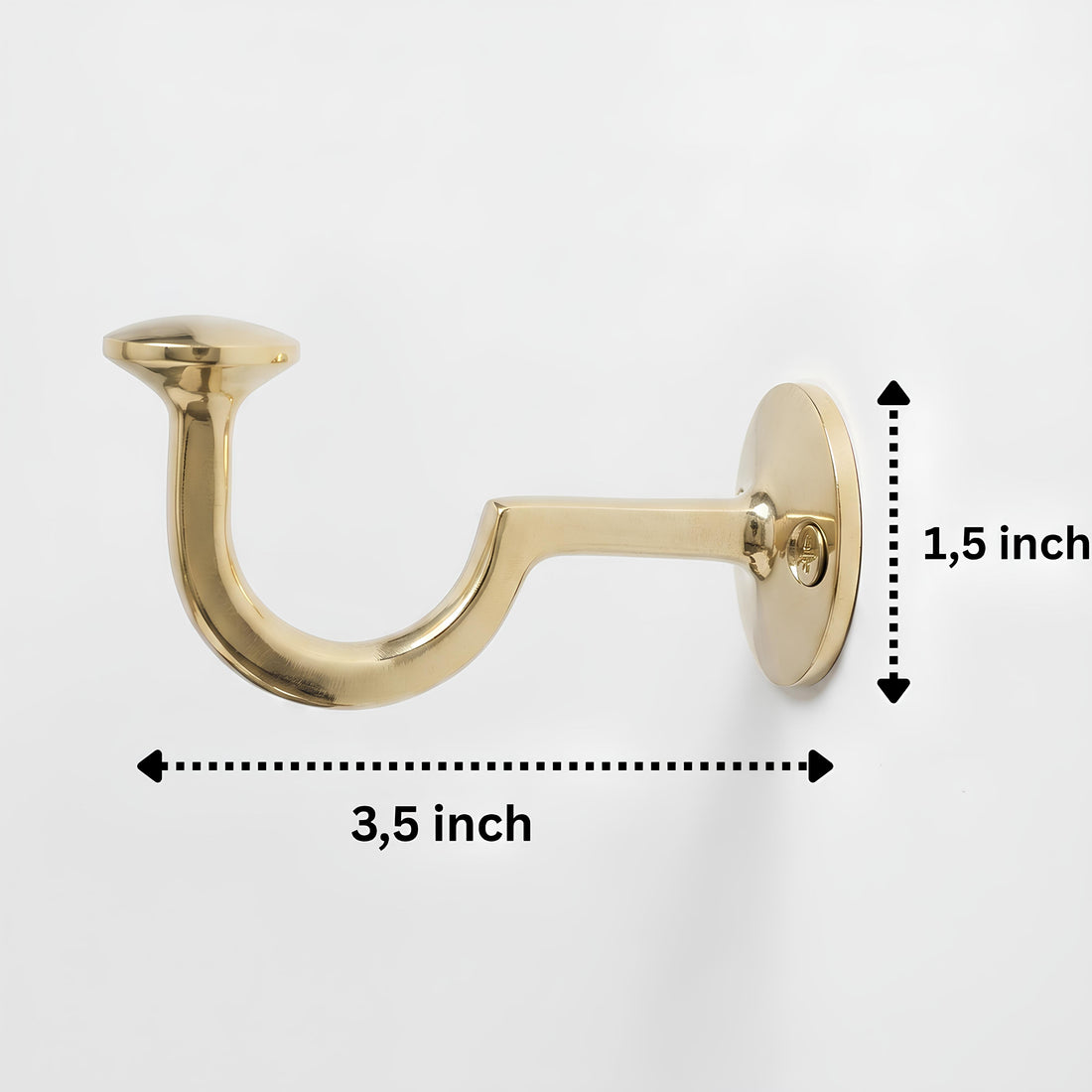 Brass wall hook with J-shaped design showing 3.5 inch projection and 1.5 inch mounting plate