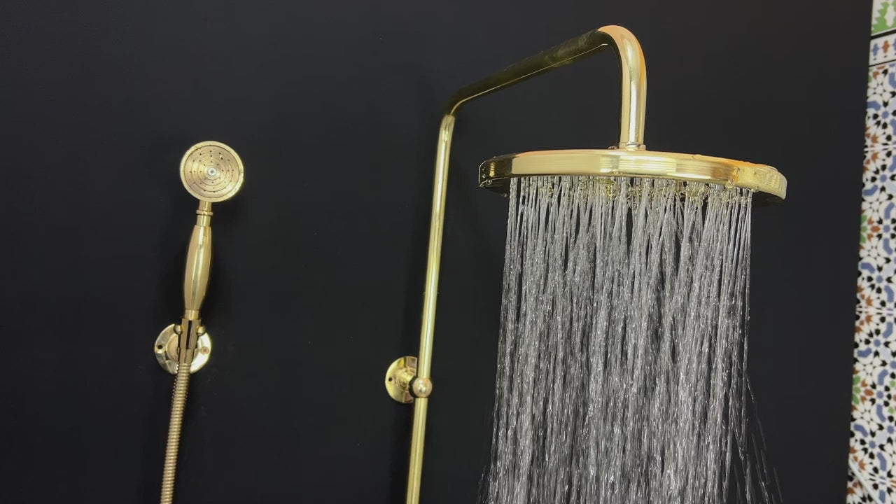 Close-up of LuxeBrass 8″ Rain Showerhead with Unlacquered Brass Finish