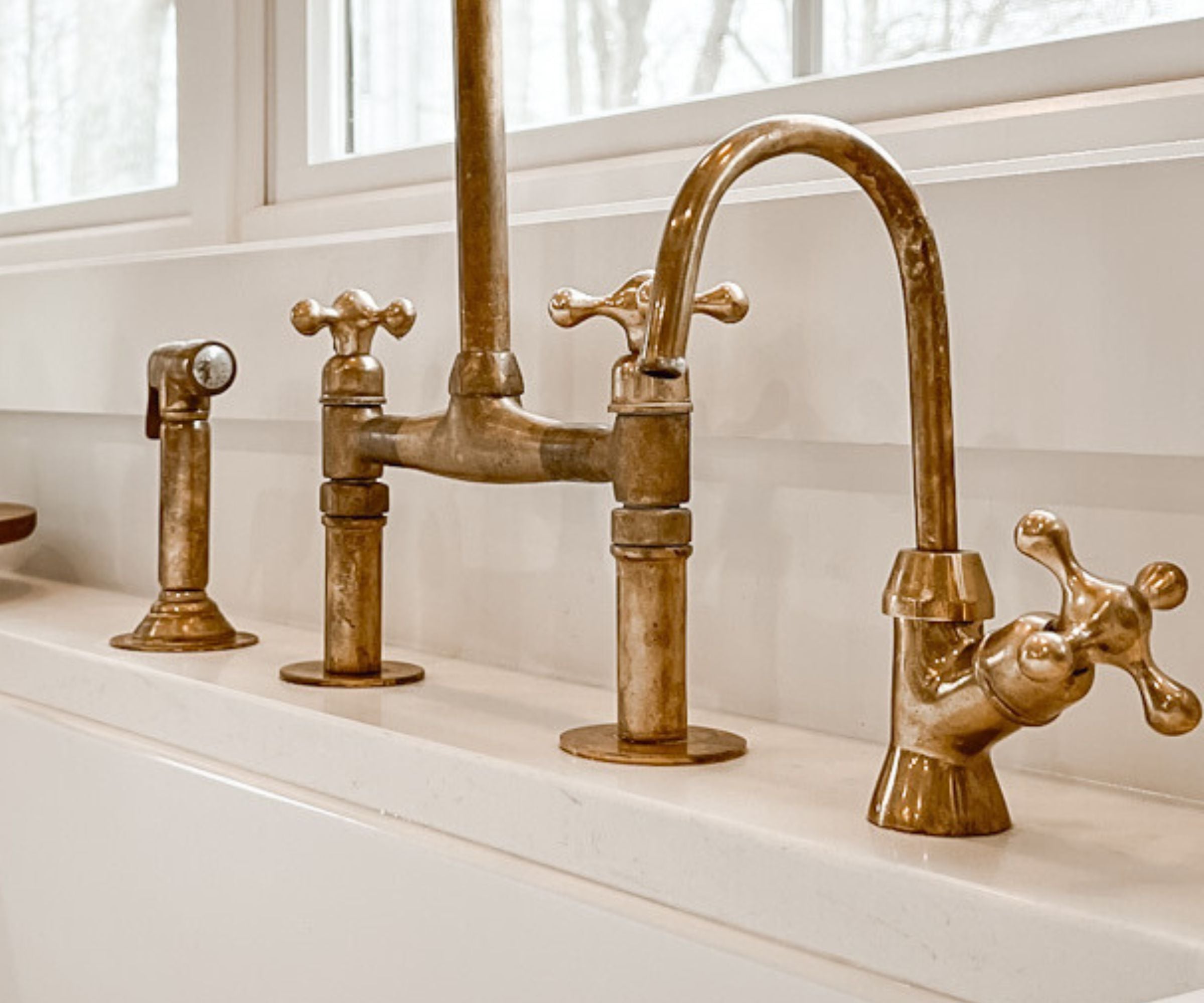Unlacquered Brass Bridge Faucet with Sprayer and Cold Water Tap