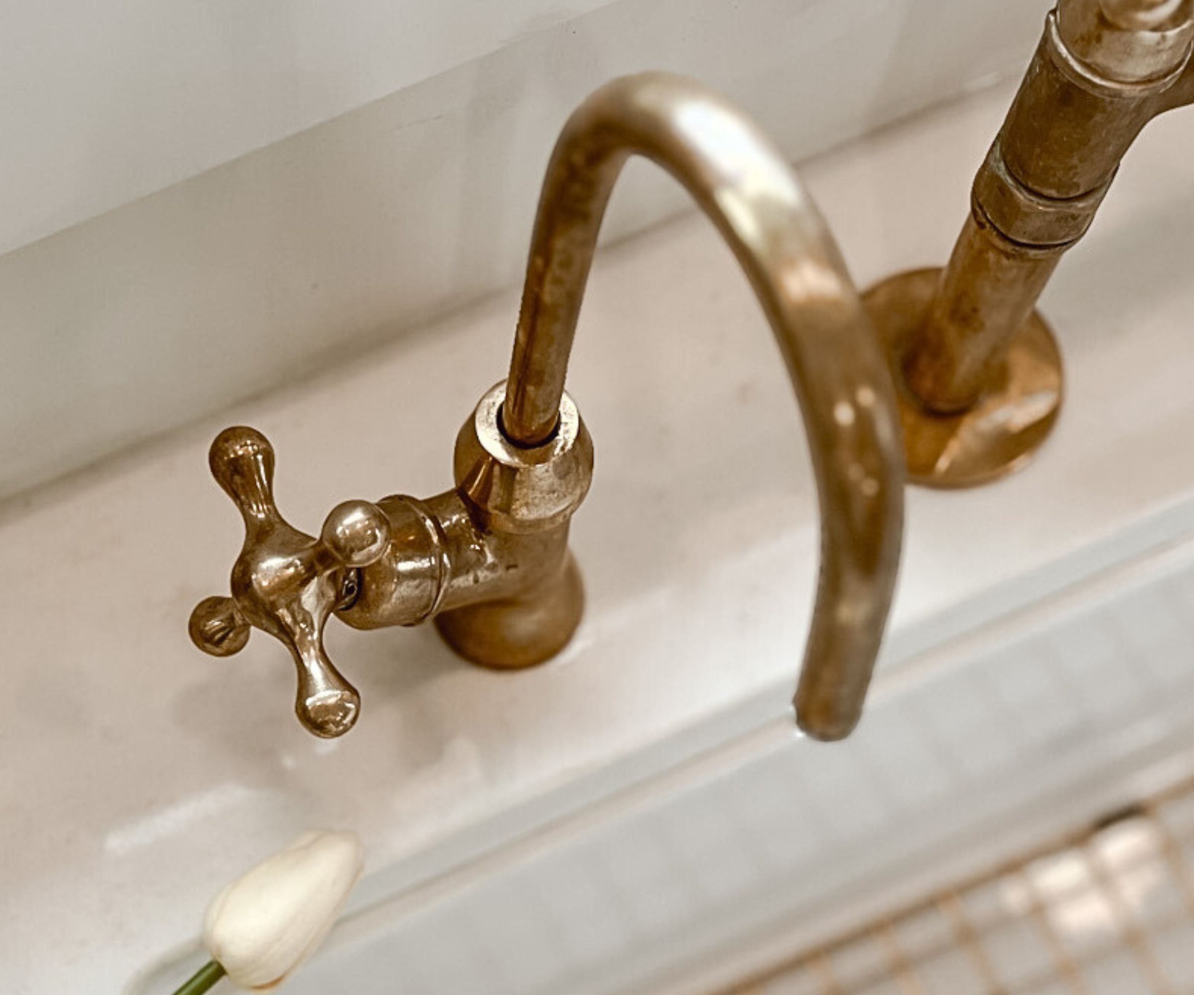 Unlacquered Brass Bridge Faucet with Sprayer and Cold Water Tap