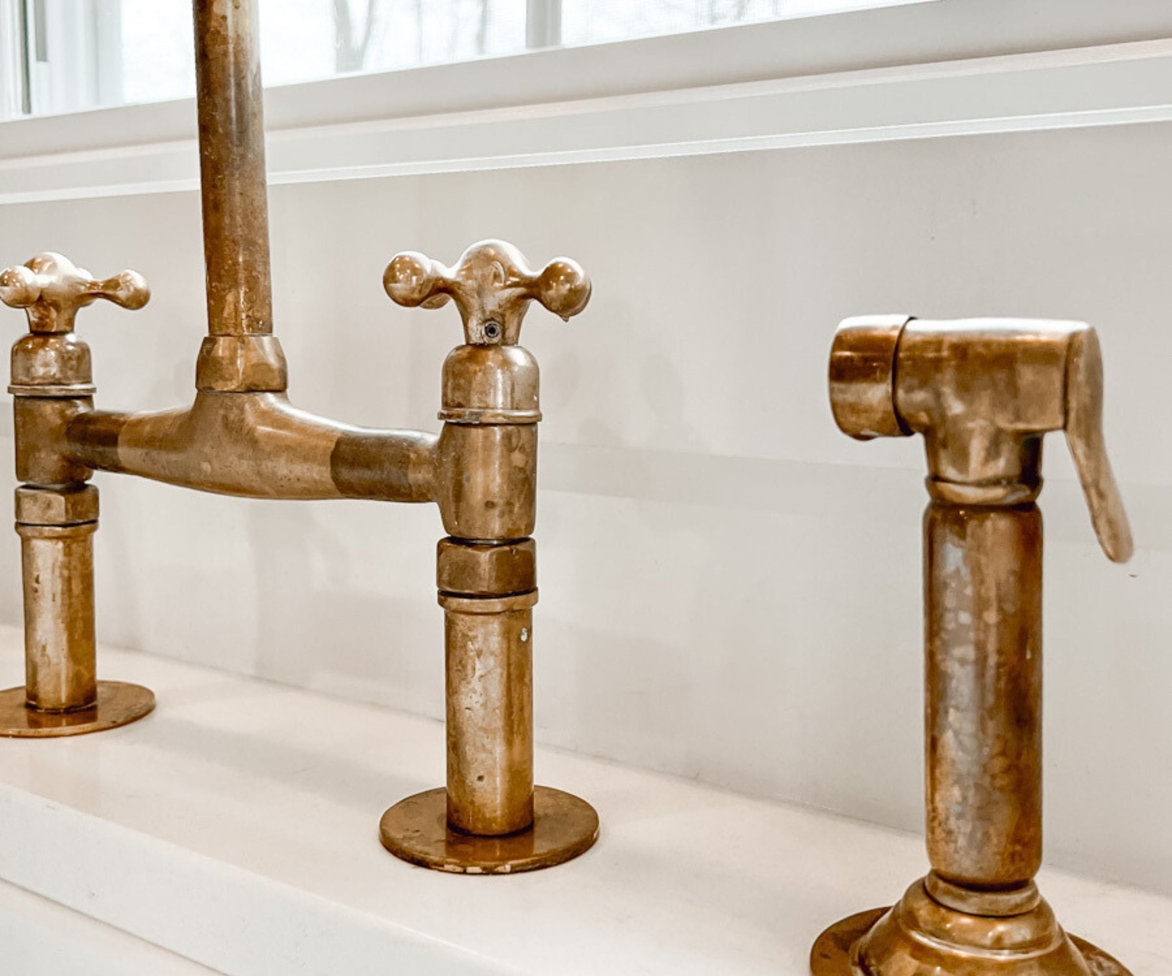 Unlacquered Brass Bridge Faucet with Sprayer and Cold Water Tap